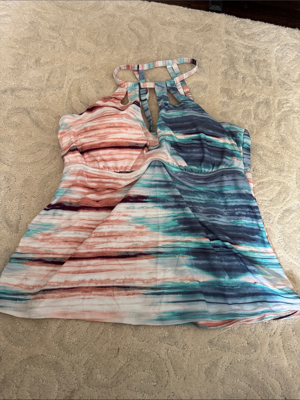 Raisins Multicolor Striped Halter Swim Tankini Top — Coral & Teal